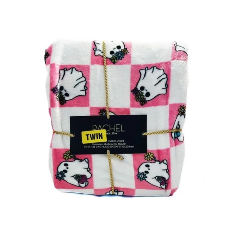 NWT Rachel Roy Pink White Square Ghost Halloween Twin Decorative Throw Blanket